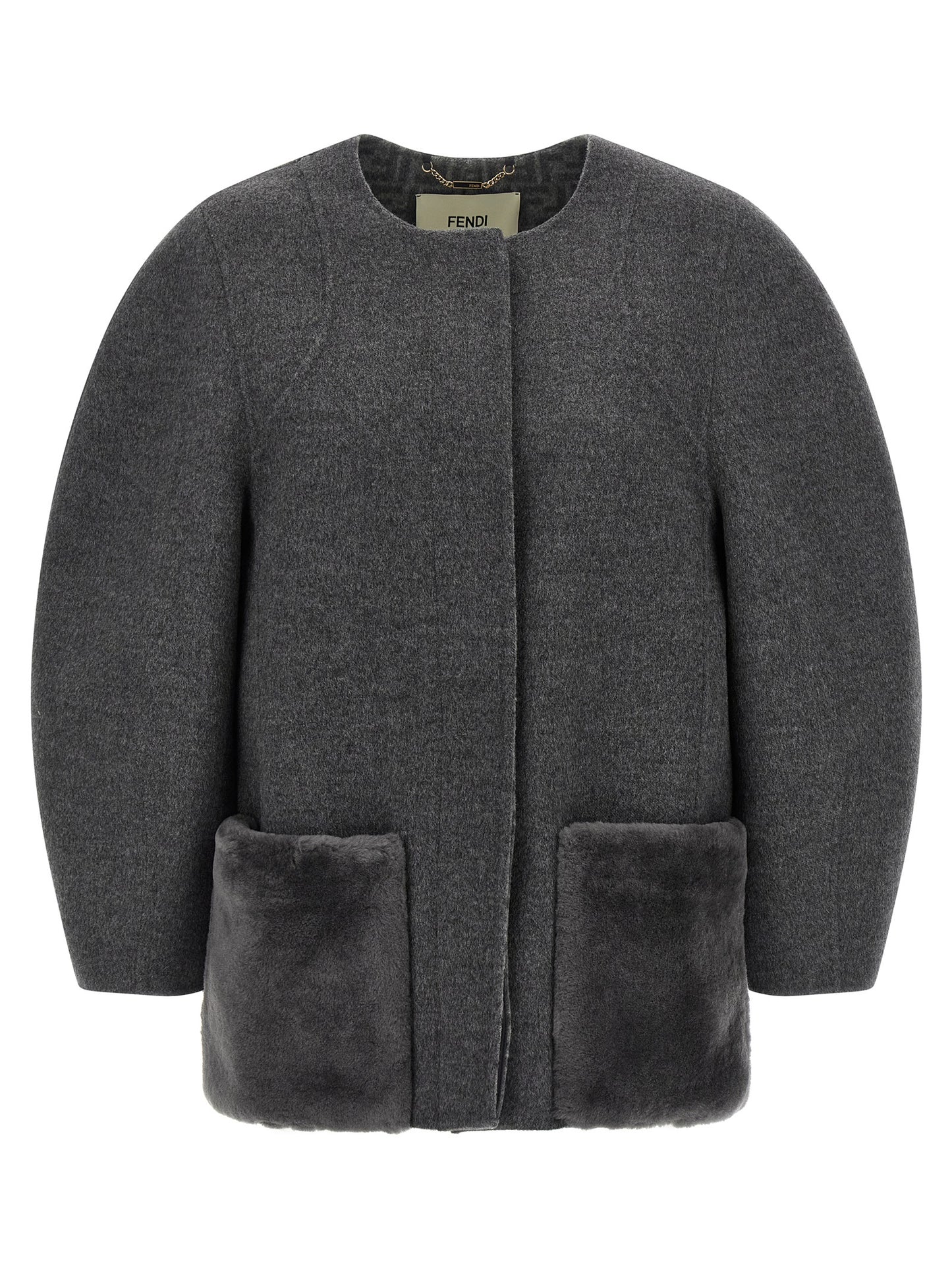 Overcoat by Fendi for women in plush silk virgin wool gray & patterned showcases a architectural silhouette, artfully detailed with a distinctive and functional pockets for a architectural finish.