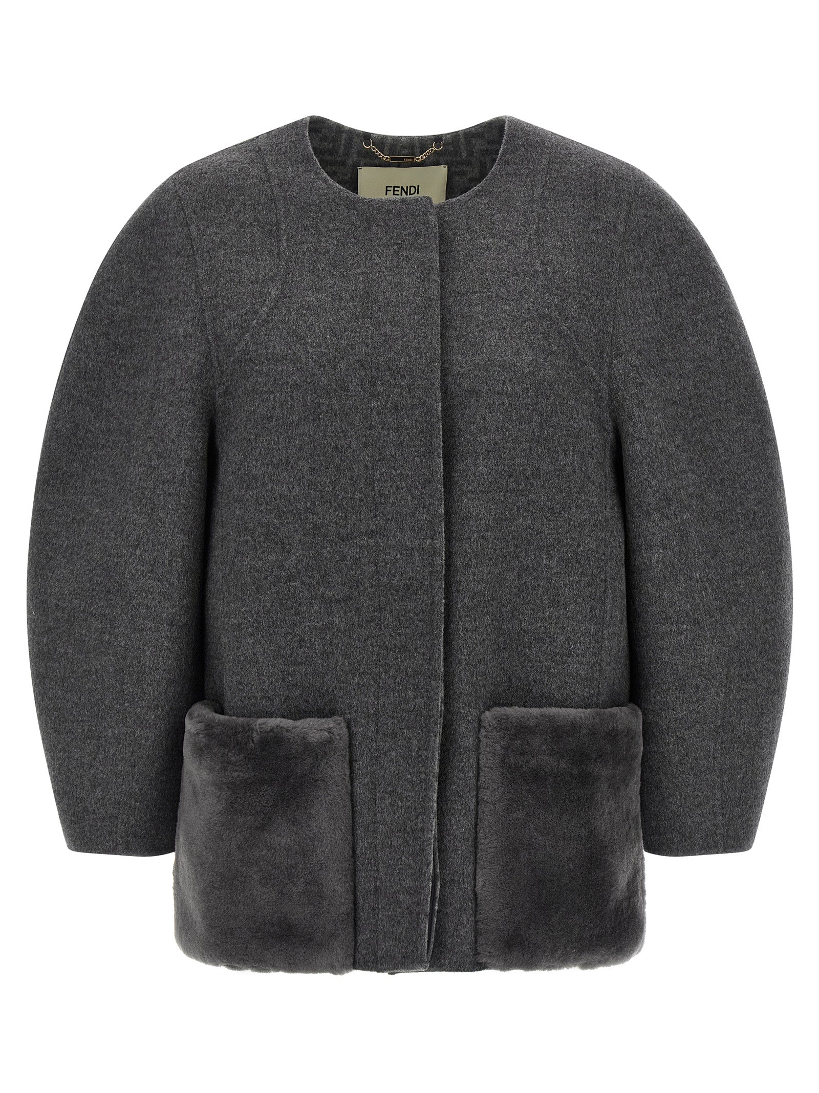 Overcoat by Fendi for women in plush silk virgin wool gray & patterned showcases a architectural silhouette, artfully detailed with a distinctive and functional pockets for a architectural finish.