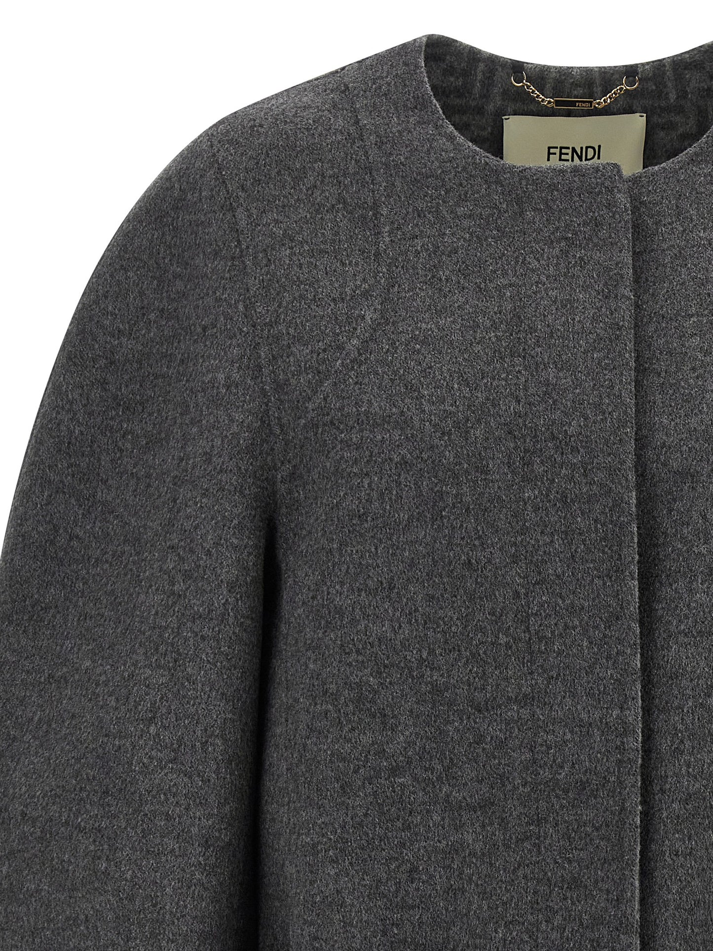 Overcoat by Fendi for women in plush silk virgin wool gray & patterned features a cosy chic silhouette, artfully detailed with a sophisticated and premium pockets for a cosy chic finish.