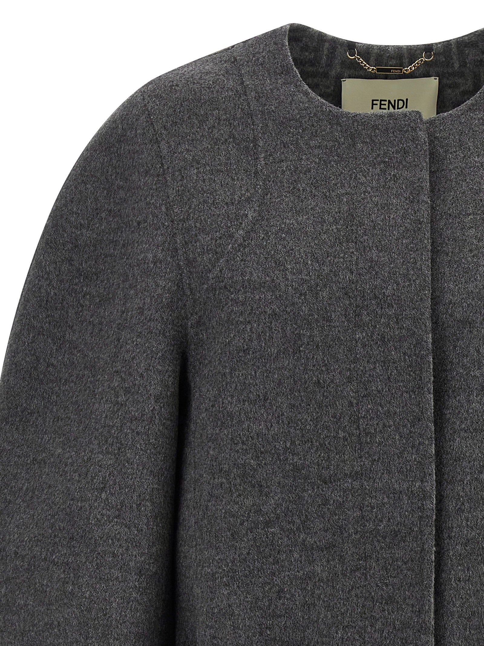 Overcoat by Fendi for women in plush silk virgin wool gray & patterned features a cosy chic silhouette, artfully detailed with a sophisticated and premium pockets for a cosy chic finish.