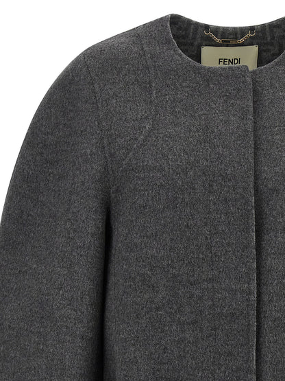 Overcoat by Fendi for women in plush silk virgin wool gray & patterned features a cosy chic silhouette, artfully detailed with a sophisticated and premium pockets for a cosy chic finish.