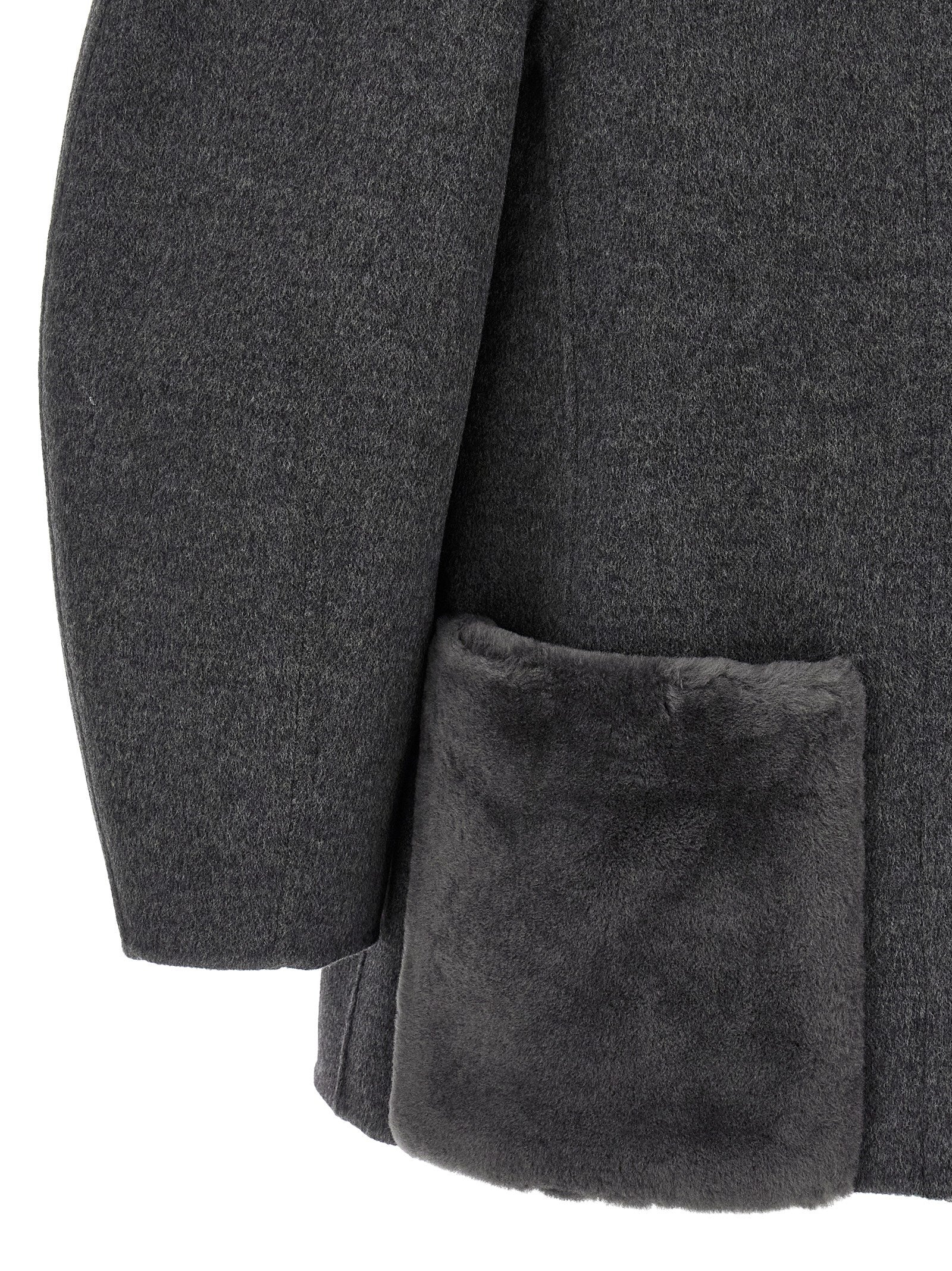 Overcoat by Fendi for women in plush silk virgin wool gray & patterned features an satoral silhouette, showcasing a sophisticated and satoral pockets for a premium, timeless look.