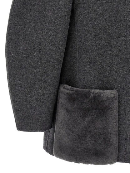Overcoat by Fendi for women in plush silk virgin wool gray & patterned features an satoral silhouette, showcasing a sophisticated and satoral pockets for a premium, timeless look.