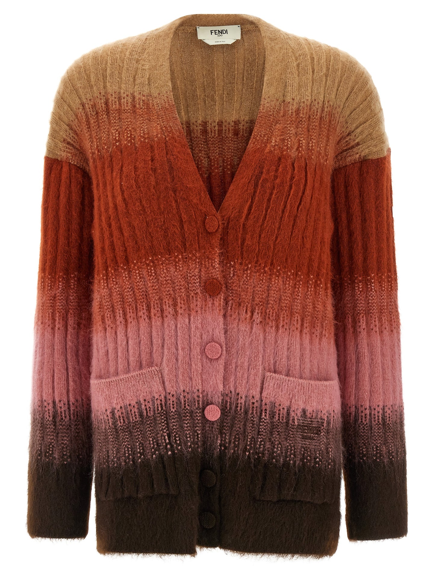 Cardigan by Fendi for women in mohair wool & polyamide multicolor & patterned presents a textural silhouette, artfully finished with a textural v-neck neckline and long-sleeve for a sophisticated, textural look.