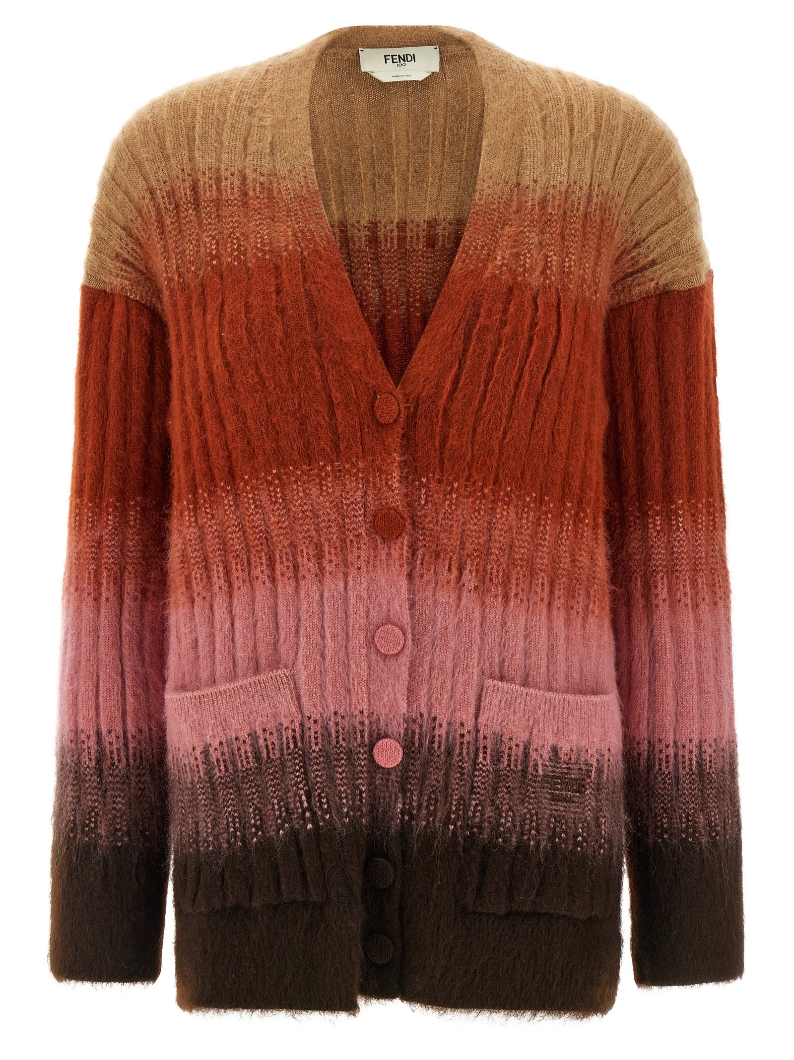 Cardigan by Fendi for women in mohair wool & polyamide multicolor & patterned presents a textural silhouette, artfully finished with a textural v-neck neckline and long-sleeve for a sophisticated, textural look.