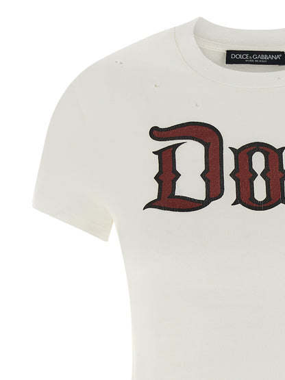 T-Shirt by Dolce & Gabbana for women in cotton white & print showcases a unassuming silhouette, artfully detailed with a refined crew neckline and unassuming for a sophisticated, contemporary look.