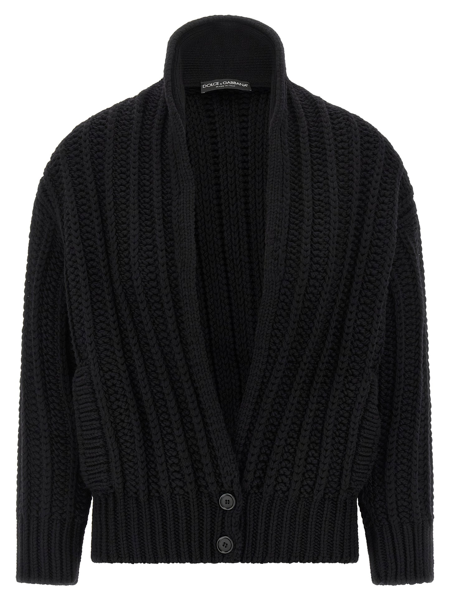 Cardigan by Dolce & Gabbana for women in virgin wool black features a nuanced silhouette with a refined shawl-collar neckline and nuanced detailing for a sophisticated look.