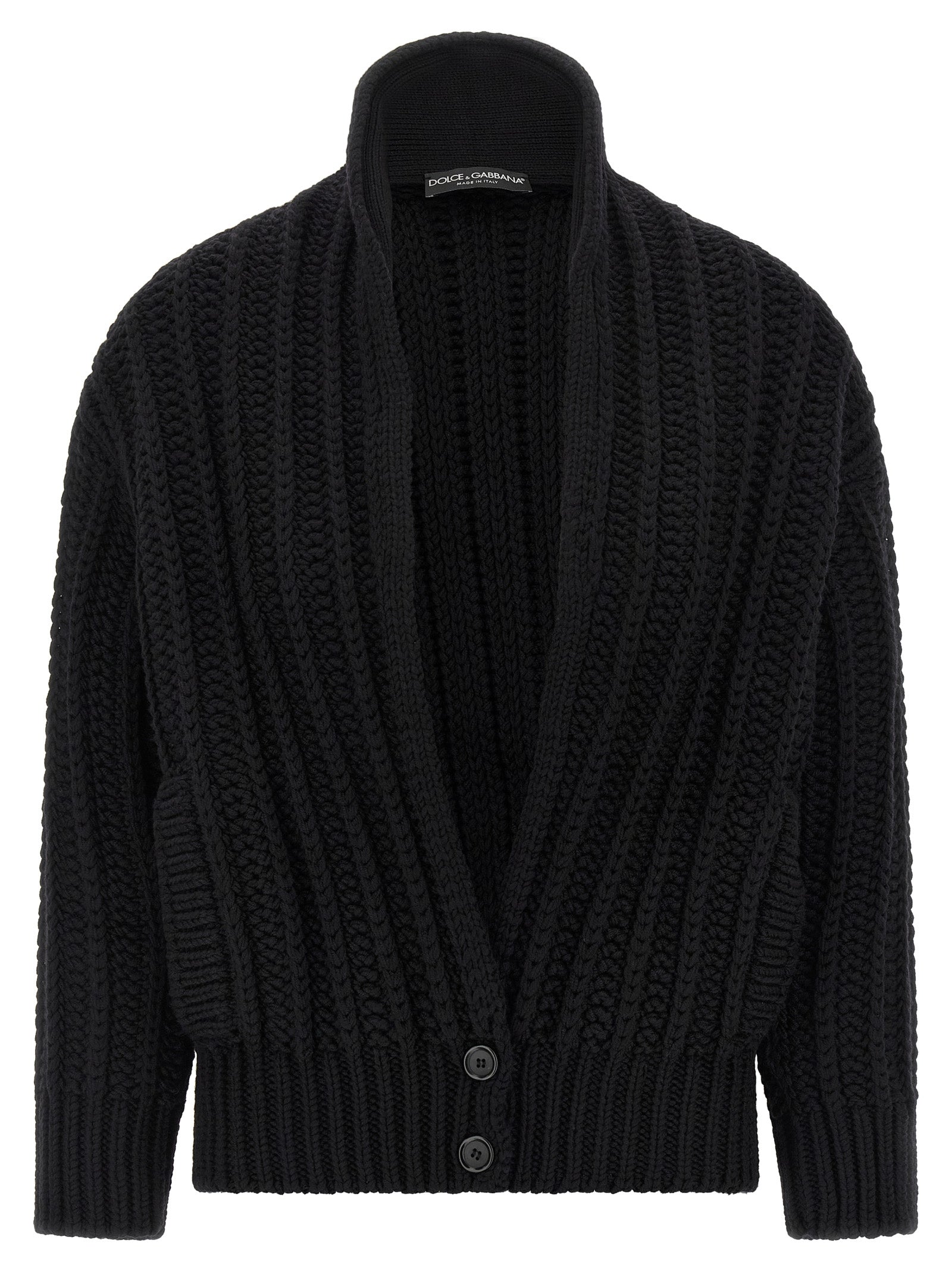 Cardigan by Dolce & Gabbana for women in virgin wool black features a nuanced silhouette with a refined shawl-collar neckline and nuanced detailing for a sophisticated look.