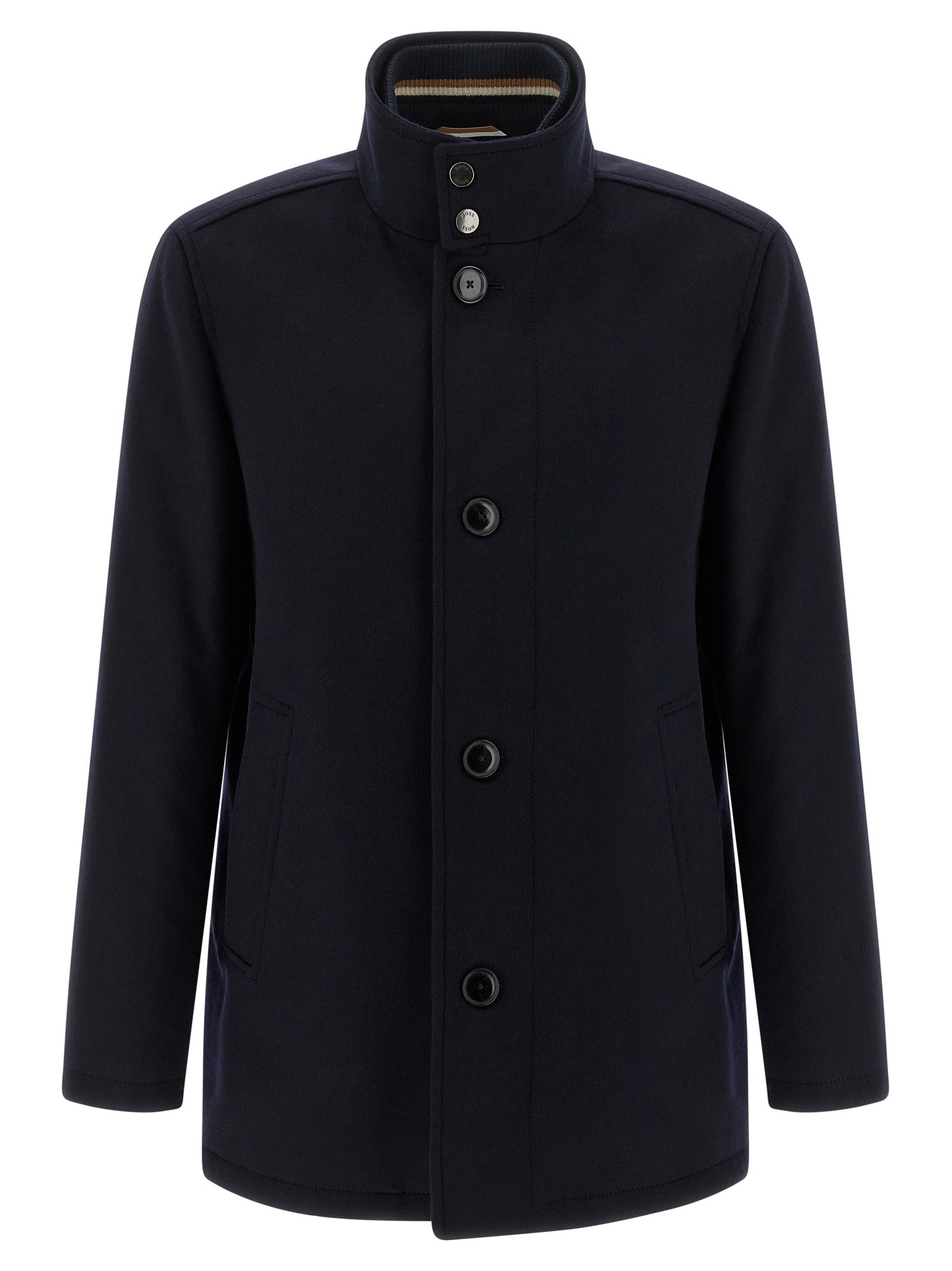 Vest by Hugo Boss for men in cashmere wool & nylon blue showcases a dynamic silhouette, perfectly balancing with a dynamic high-neck neckline for a sophisticated, high-fashion look.