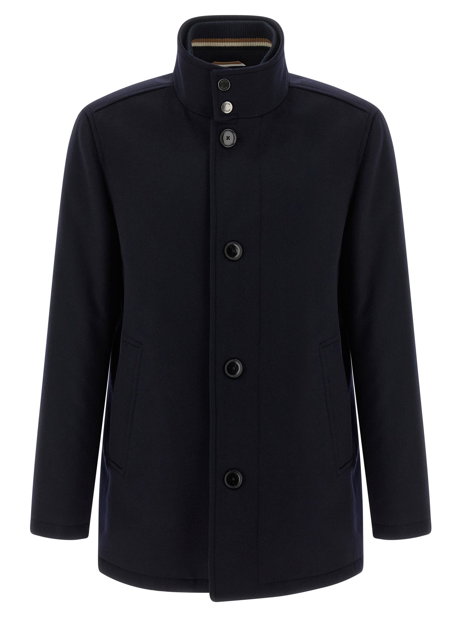 Vest by Hugo Boss for men in cashmere wool & nylon blue showcases a dynamic silhouette, perfectly balancing with a dynamic high-neck neckline for a sophisticated, high-fashion look.