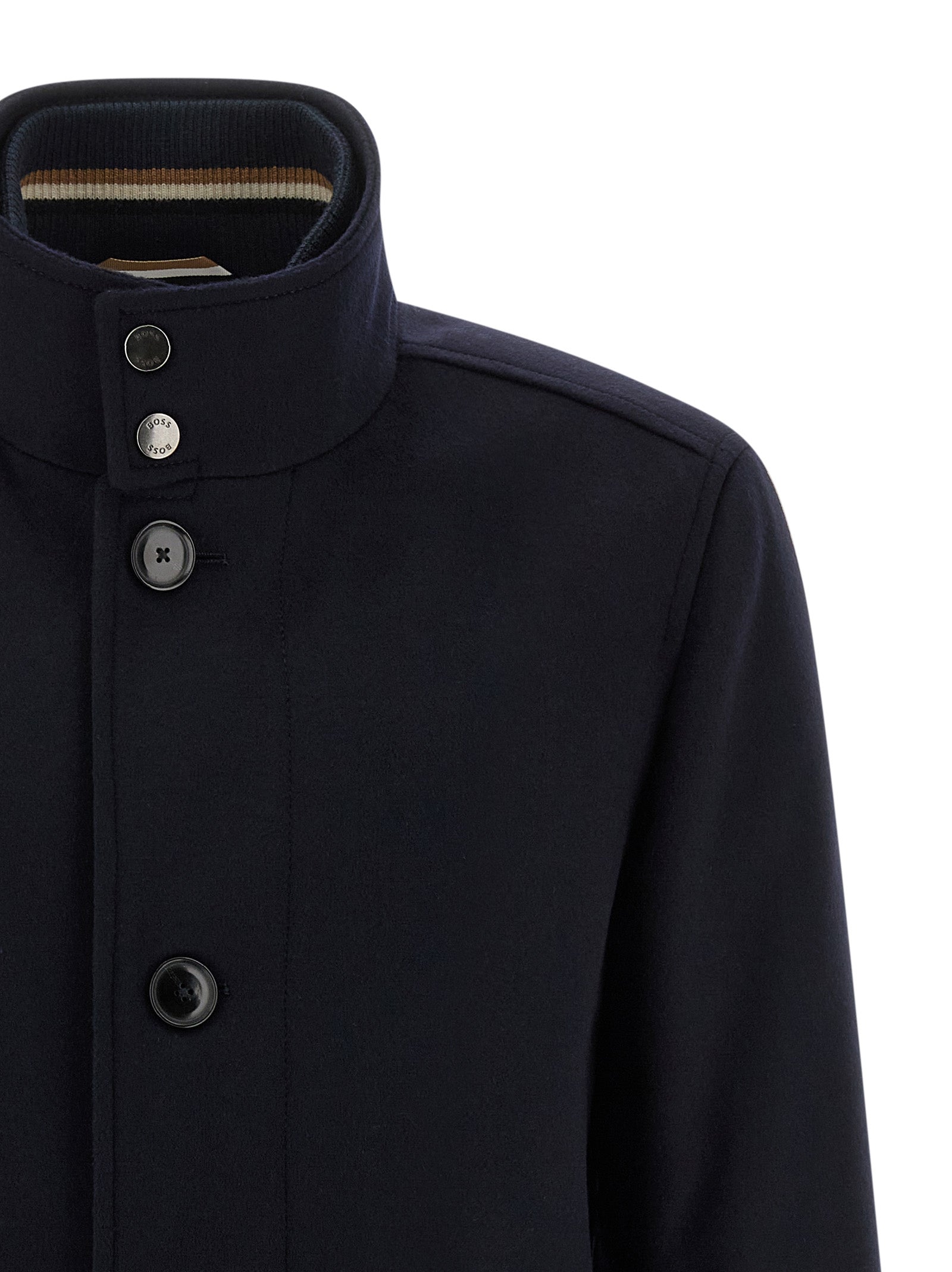 Vest by Hugo Boss for men in cashmere wool & nylon blue features an contemporary silhouette, showcasing refined and a contemporary high-neck neckline for a sophisticated layered look.