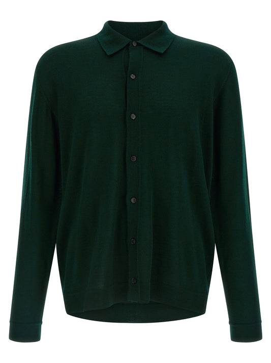 Cardigan by Roberto Collina for men in merino wool bicolour & green features a nuanced silhouette with a refined shirt-collar neckline and nuanced detailing for a sophisticated look.