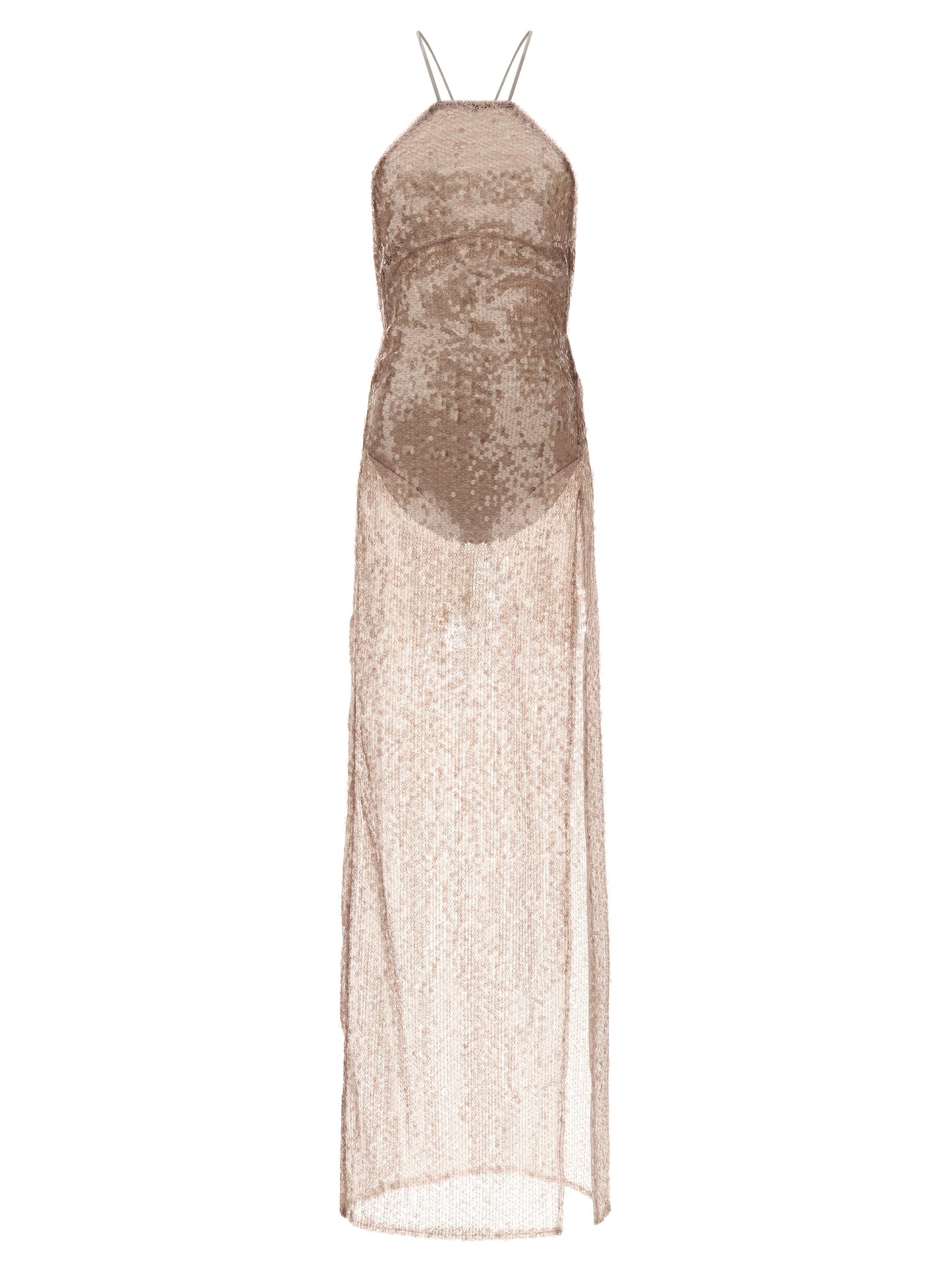Dress by The Andamane for women in polyester & sequins multicolor, pink & transparent features an sultry silhouette defined by a split neckline and sleeveless, falling to an sultry maxi long for a sultry look.