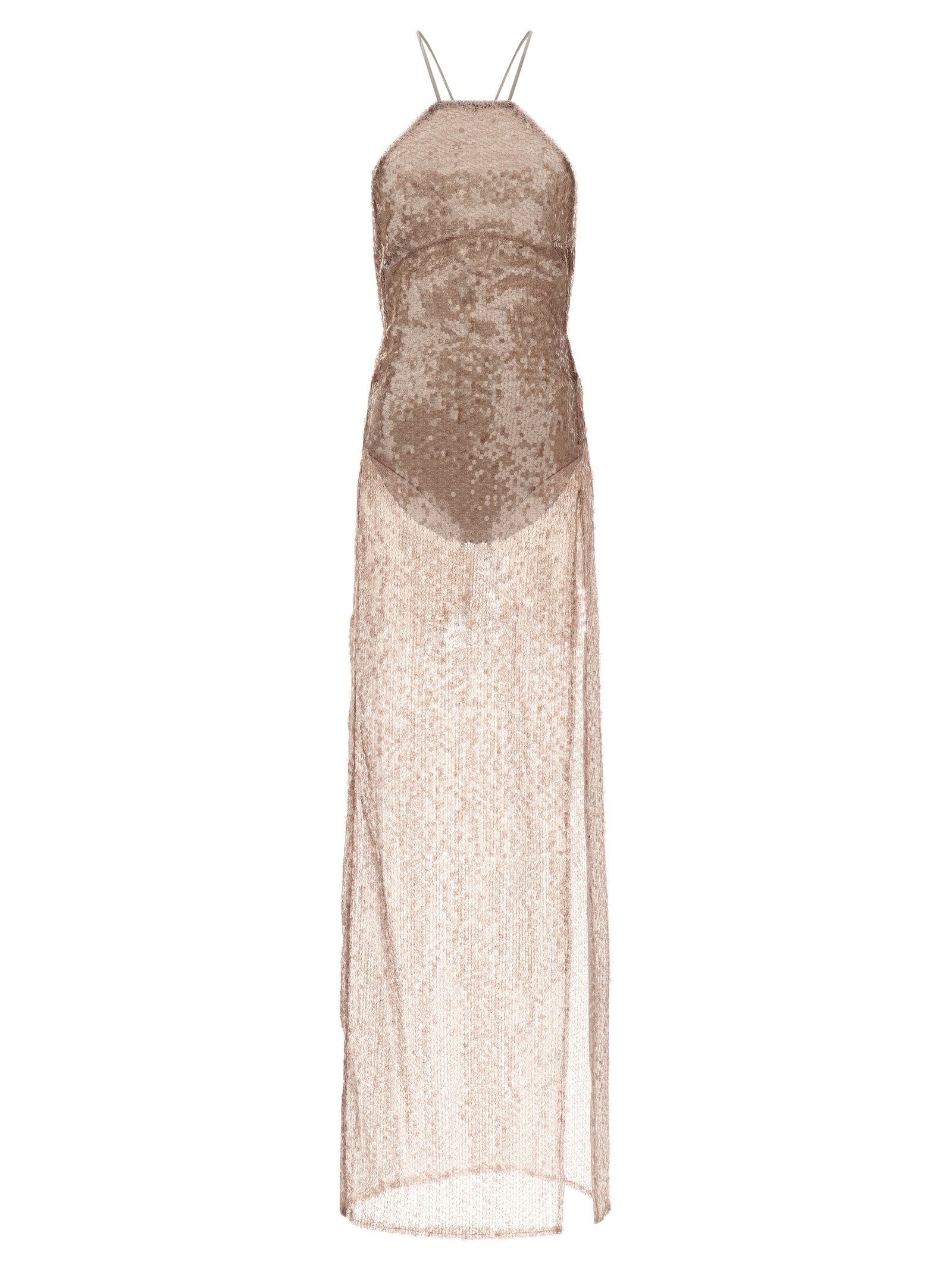 Dress by The Andamane for women in polyester & sequins multicolor, pink & transparent features an sultry silhouette defined by a split neckline and sleeveless, falling to an sultry maxi long for a sultry look.