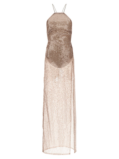 Dress by The Andamane for women in polyester & sequins multicolor, pink & transparent features an sultry silhouette defined by a split neckline and sleeveless, falling to an sultry maxi long for a sultry look.