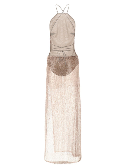 Dress by The Andamane for women in polyester & sequins multicolor, pink & transparent showcases a striking silhouette, elegantly detailed with a , refined split neckline, and a striking maxi long for a striking finish.