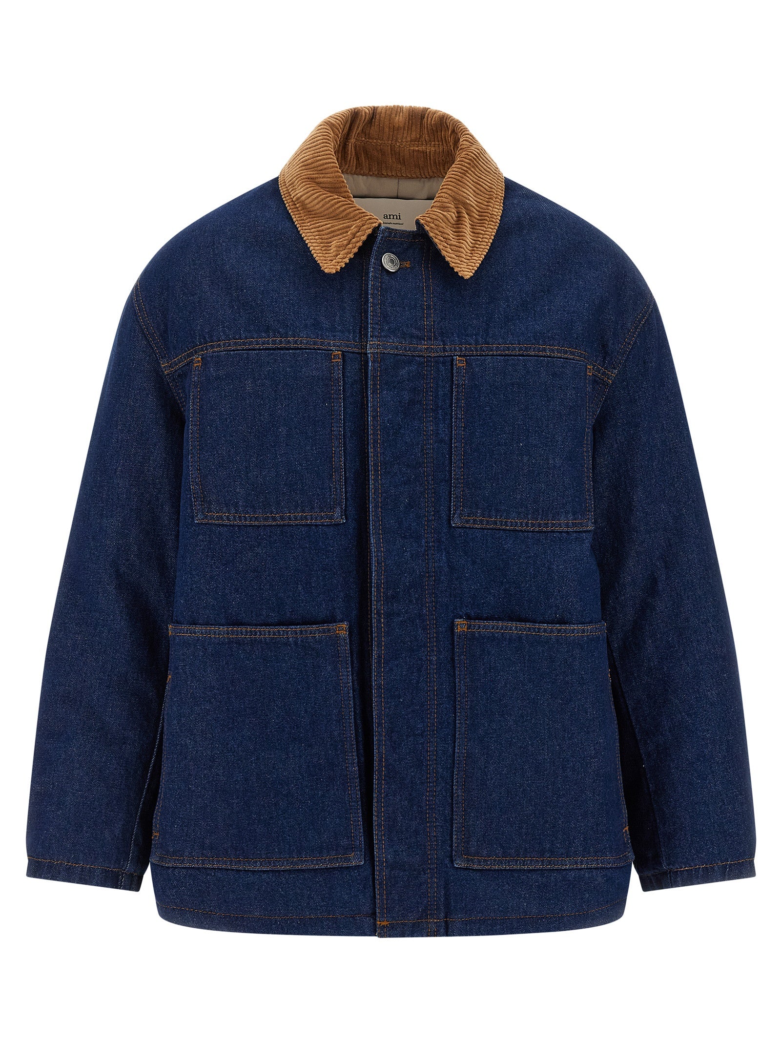 Trucker Jacket by Ami Paris for men in denim cotton corduroy blue features an on trend silhouette, showcasing refined pockets & insulated and a sophisticated shirt-collar neckline for a truly on trend finish.