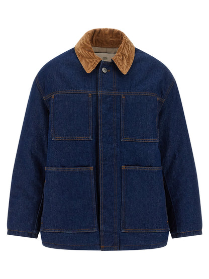 Trucker Jacket by Ami Paris for men in denim cotton corduroy blue features an on trend silhouette, showcasing refined pockets & insulated and a sophisticated shirt-collar neckline for a truly on trend finish.