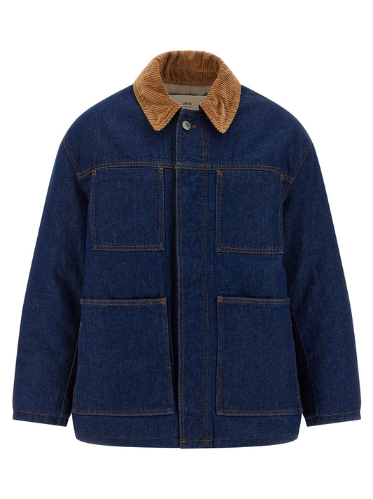 Trucker Jacket by Ami Paris for men in denim cotton corduroy blue features an on trend silhouette, showcasing refined pockets & insulated and a sophisticated shirt-collar neckline for a truly on trend finish.