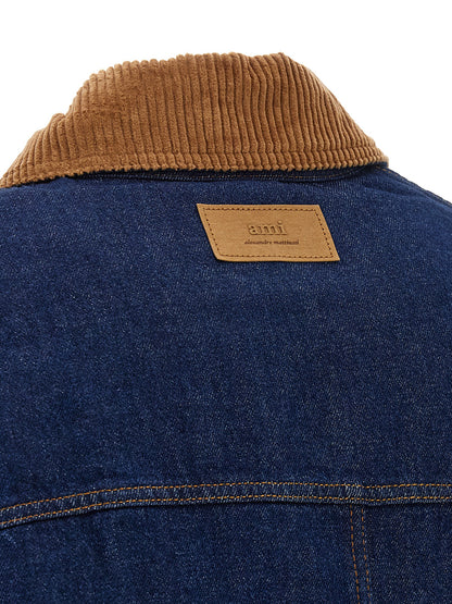 Trucker Jacket by Ami Paris for men in denim cotton corduroy blue features a city-ready silhouette, detailed with pockets & insulated and a city-ready .