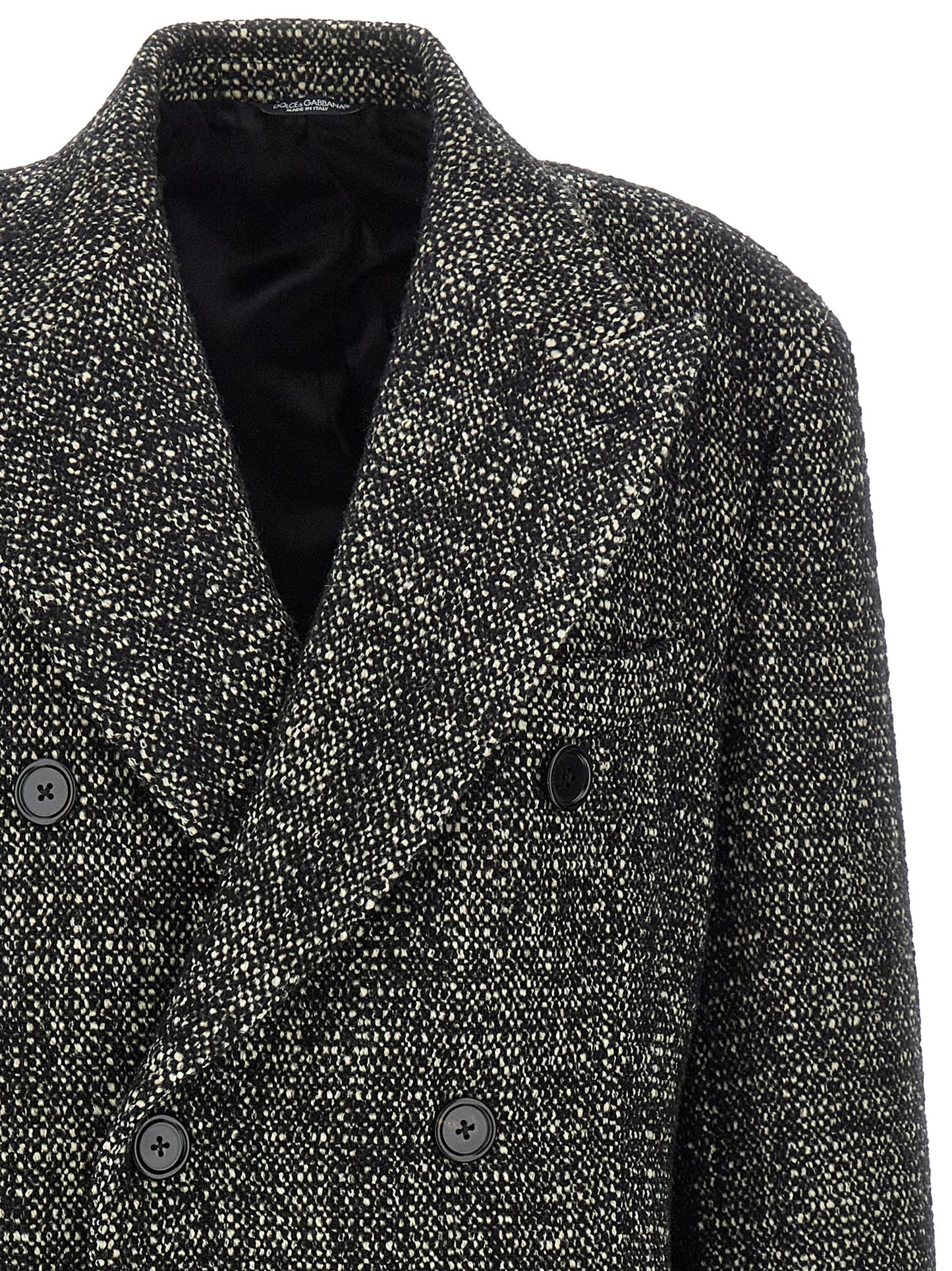 Trench Coat by Dolce & Gabbana for men in cashmere viscose bicolour, black & white presents a utilitarian silhouette, showcasing a utilitarian lapel neckline and sophisticated pockets for a truly utilitarian look.