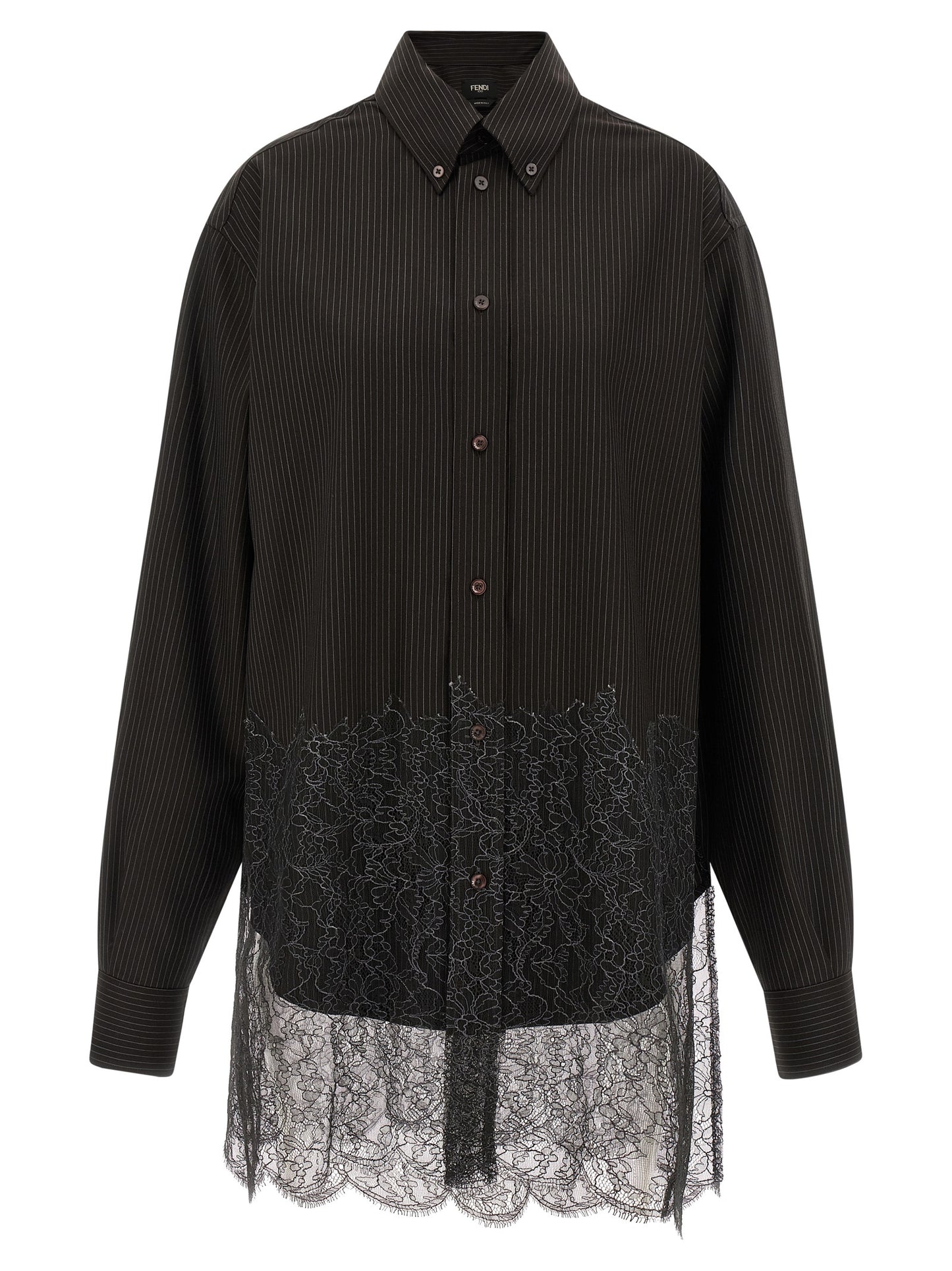 Shirt by Fendi for men in virgin wool brown, patterned & pinstripe, featuring a nuanced long-sleeve and nuanced for a sophisticated finish.