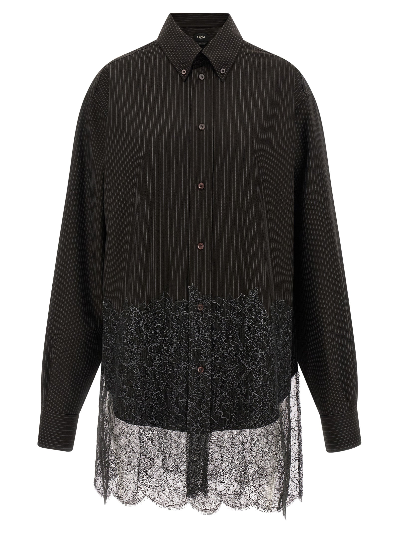 Shirt by Fendi for men in virgin wool brown, patterned & pinstripe, featuring a nuanced long-sleeve and nuanced for a sophisticated finish.