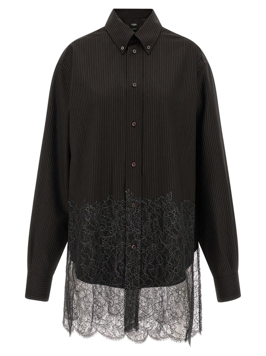 Shirt by Fendi for men in virgin wool brown, patterned & pinstripe, featuring a nuanced long-sleeve and nuanced for a sophisticated finish.