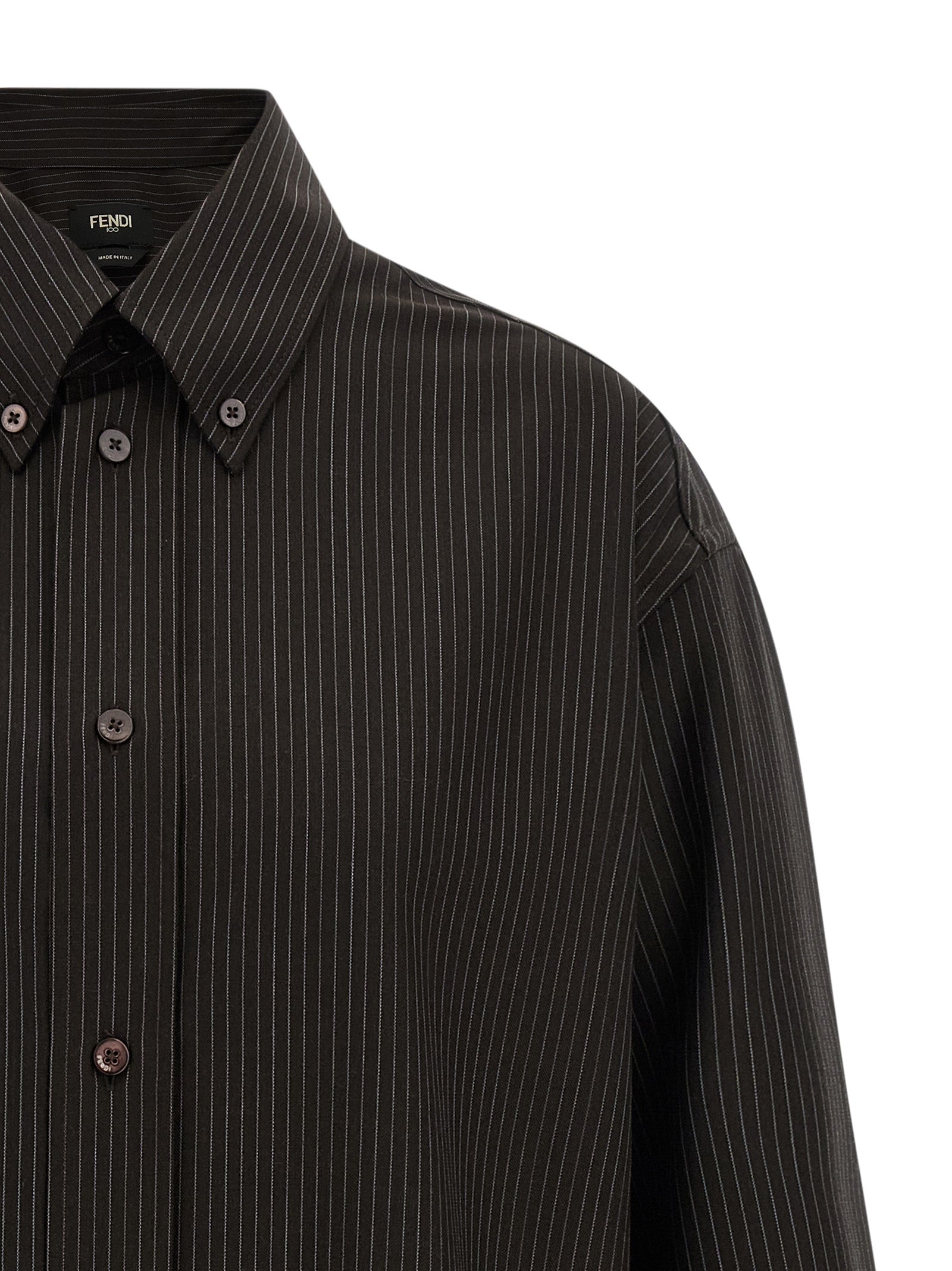 Shirt by Fendi for men in virgin wool brown, patterned & pinstripe presents a discerning silhouette, showcasing a sophisticated and for a truly discerning finish.