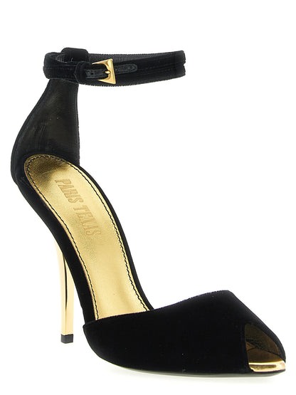 Stiletto Ankle Strap Sandals by Paris Texas for women in viscose cupro velvet black features an exquisite silhouette, showcasing the exquisite Women's Viscose Cupro Velvet Stiletto Ankle Strap Sandals with a stiletto and .