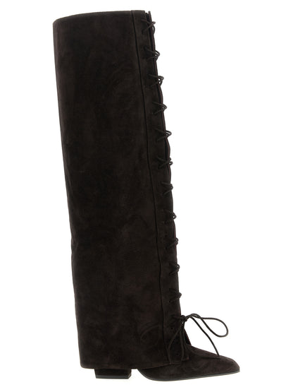 Lace-Up Over-The-Knee Boots by Paris Texas for women in calfskin leather brown showcases a ergonomic silhouette from the Women's Calfskin Leather Lace-Up Over-The-Knee Boots collection, featuring a ergonomic and a ergonomic .