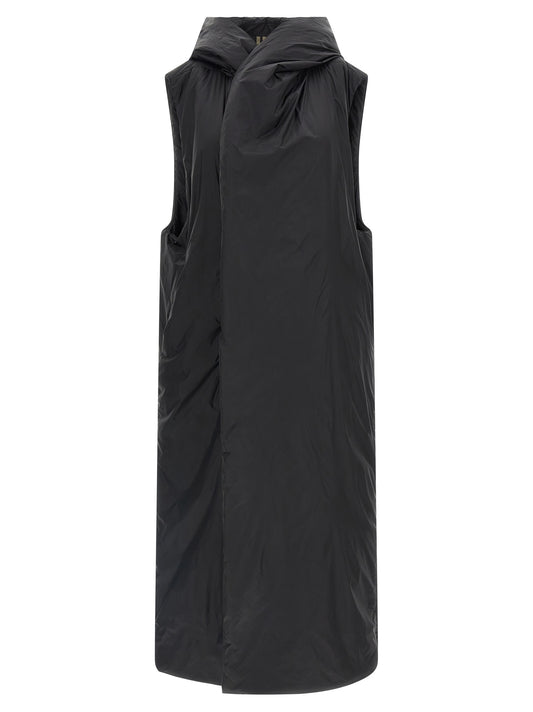 Hooded Vest by DRKSHDW for women in nylon cotton black features a chic silhouette, expertly detailed with a refined hooded asymmetric high-neck neckline and premium pockets, hooded & insulated for a truly chic look.