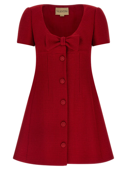 Valentino Garavani V Logo Women's Flared Short-Sleeve Round Neck Polyamide & Virgin Wool Short Mini Dress - Multicolor Red Jacquard