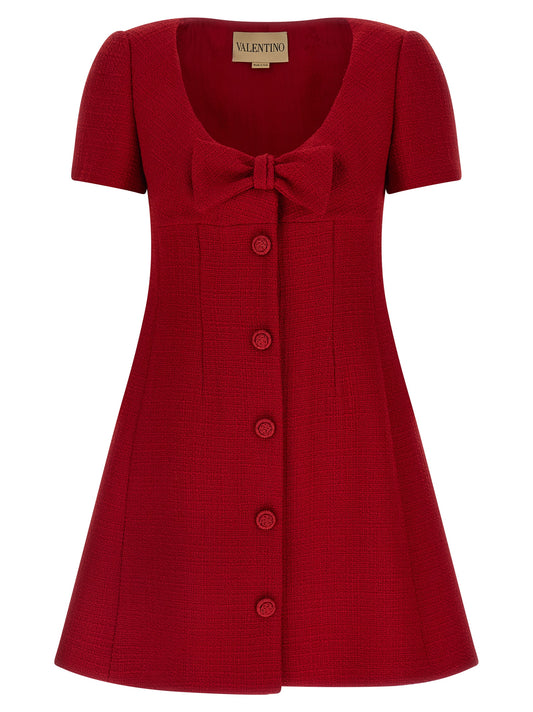 Valentino Garavani V Logo Women's Flared Short-Sleeve Round Neck Polyamide & Virgin Wool Short Mini Dress - Multicolor Red Jacquard