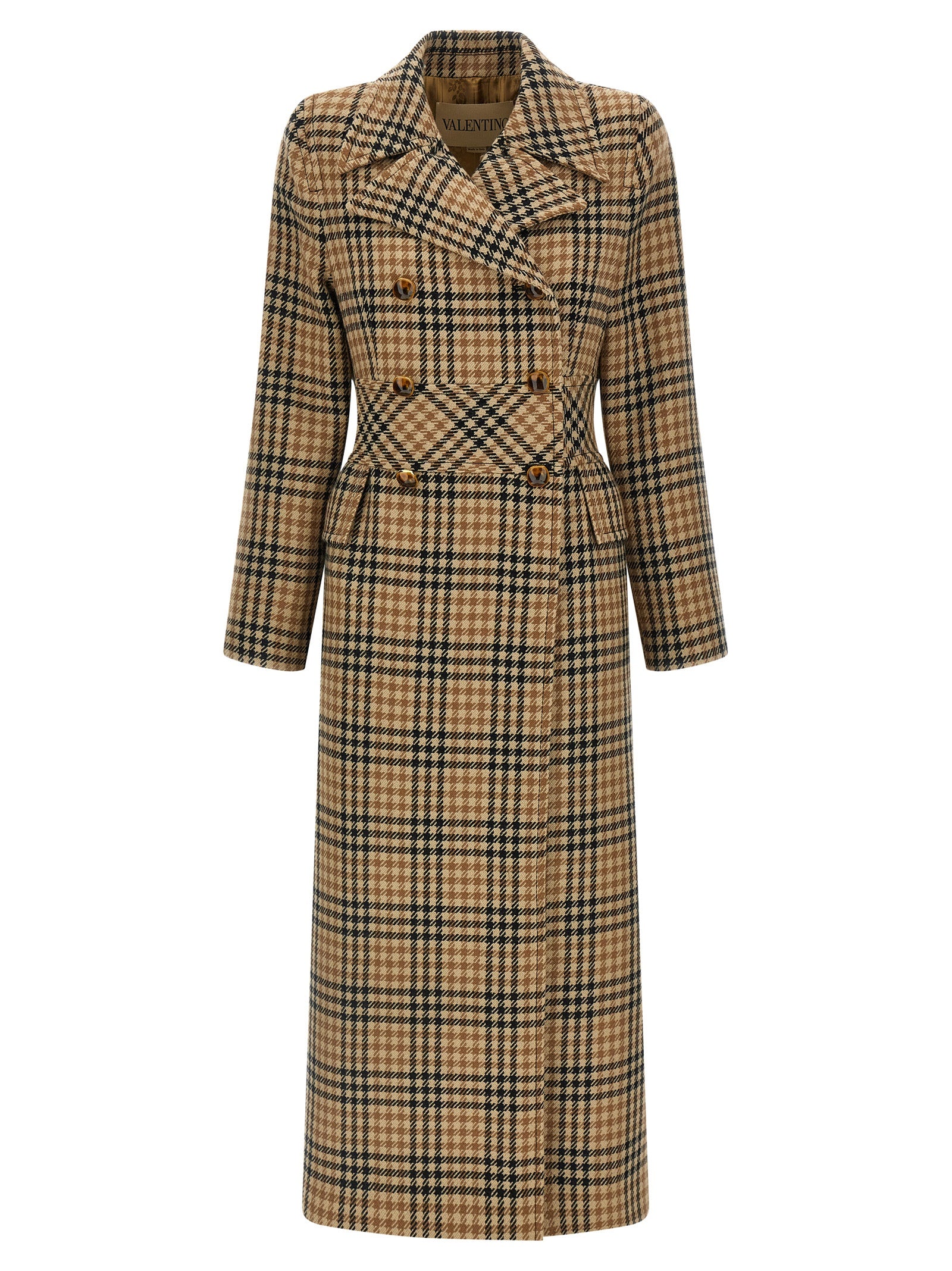 Overcoat by Valentino Garavani for women in virgin wool & cupro brown & monogram presents a luxurious silhouette, showcasing a luxurious split lapel neckline and sophisticated pockets & insulated for a premium, luxurious look.