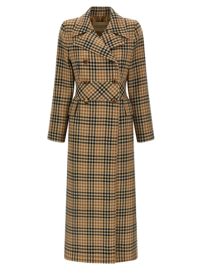 Overcoat by Valentino Garavani for women in virgin wool & cupro brown & monogram presents a luxurious silhouette, showcasing a luxurious split lapel neckline and sophisticated pockets & insulated for a premium, luxurious look.