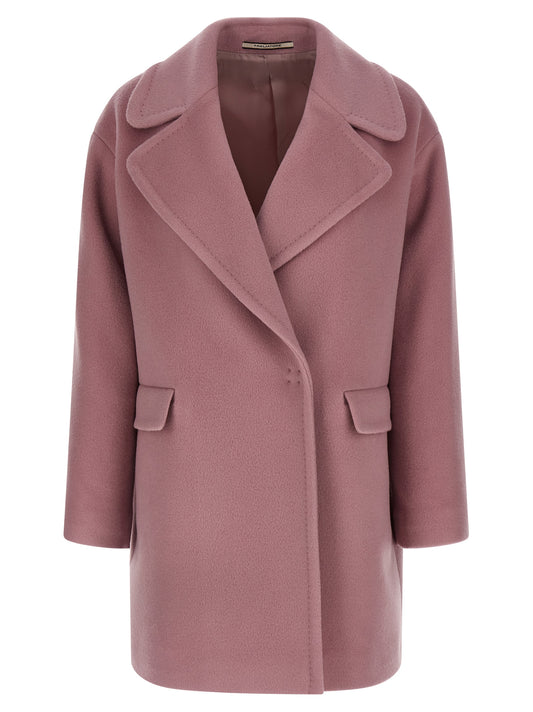 Overcoat by Tagliatore for women in mohair cupro virgin wool multicolor, pink, signature & monogram showcases a architectural silhouette, artfully detailed with a distinctive lapel neckline and functional pockets for a architectural finish.
