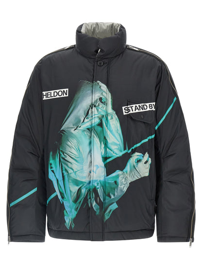Puffer Jacket by Undercover for men in nylon & polyester black & print features a city-ready silhouette, detailed with insulated & windproof and a city-ready high-neck neckline.