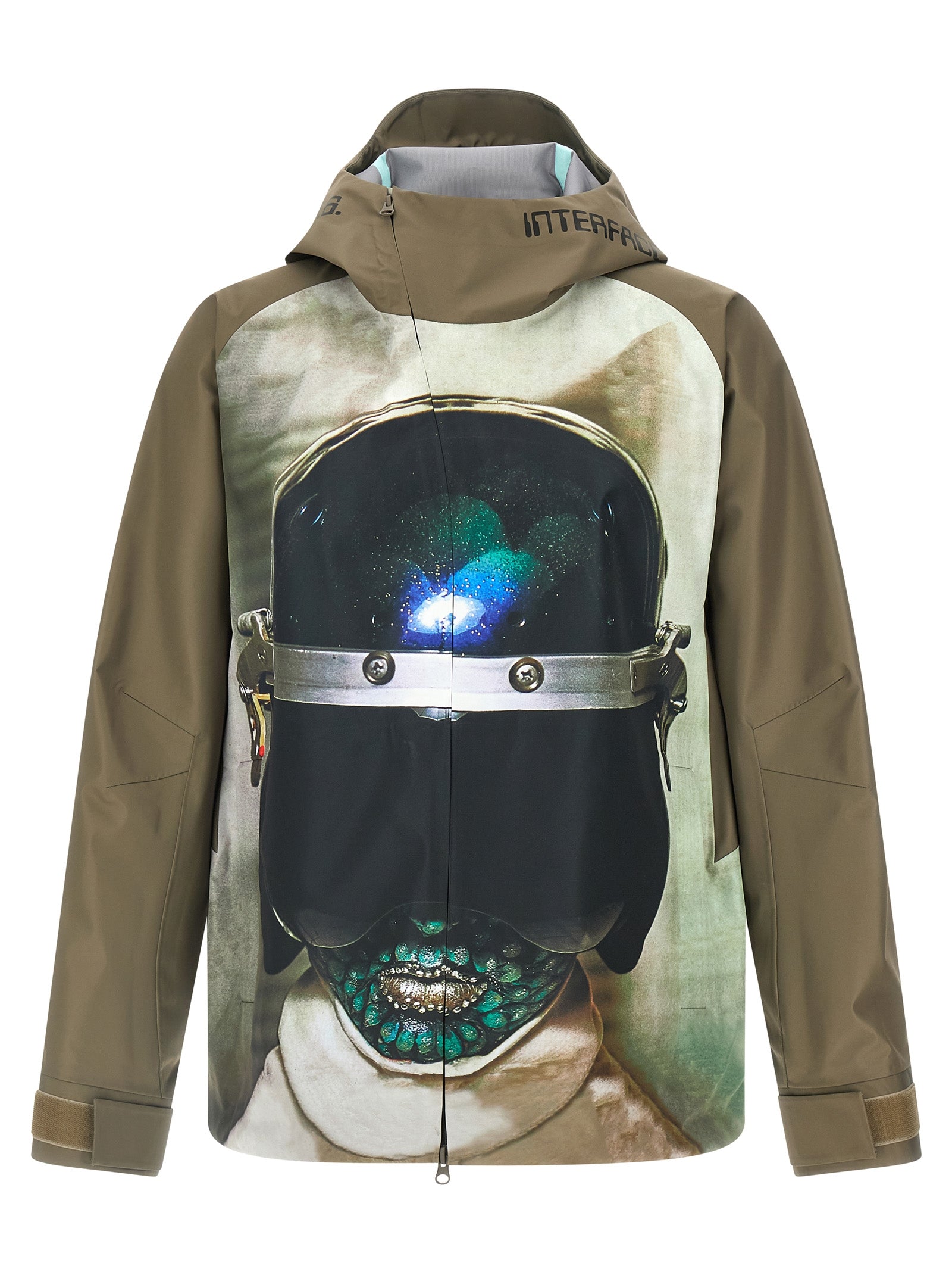 Hooded Windbreaker Jacket by Undercover for men in nylon bicolour, green & print features an perennial silhouette with a refined hooded high-neck neckline and perennial pockets, hooded & windproof for a sophisticated weather-resistant look.