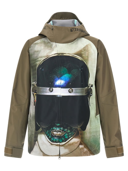 Hooded Windbreaker Jacket by Undercover for men in nylon bicolour, green & print features an perennial silhouette with a refined hooded high-neck neckline and perennial pockets, hooded & windproof for a sophisticated weather-resistant look.