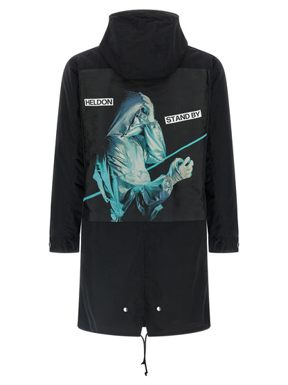 Hooded Parka by Undercover for men in nylon cotton black features a stylish silhouette, meticulously detailed with a sophisticated hooded high-neck neckline and functional pockets & hooded for a stylish finish.