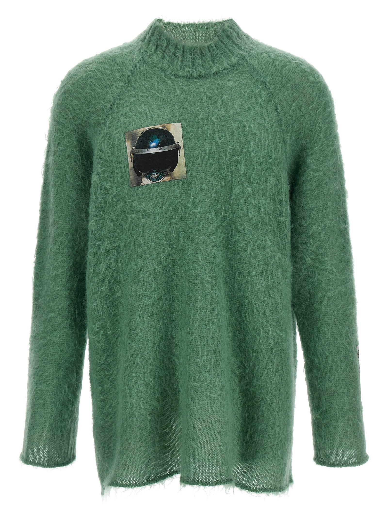 Cardigan by Undercover for men in mohair wool & nylon bicolour, green & jacquard features an crisp silhouette, showcasing a sophisticated crew neckline and detail for a truly crisp finish.