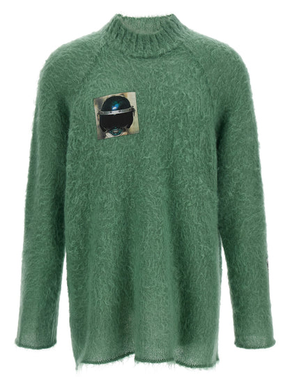 Cardigan by Undercover for men in mohair wool & nylon bicolour, green & jacquard features an crisp silhouette, showcasing a sophisticated crew neckline and detail for a truly crisp finish.