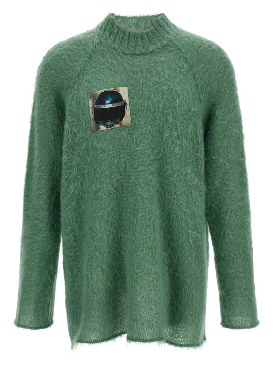 Cardigan by Undercover for men in mohair wool & nylon bicolour, green & jacquard features an crisp silhouette, showcasing a sophisticated crew neckline and detail for a truly crisp finish.