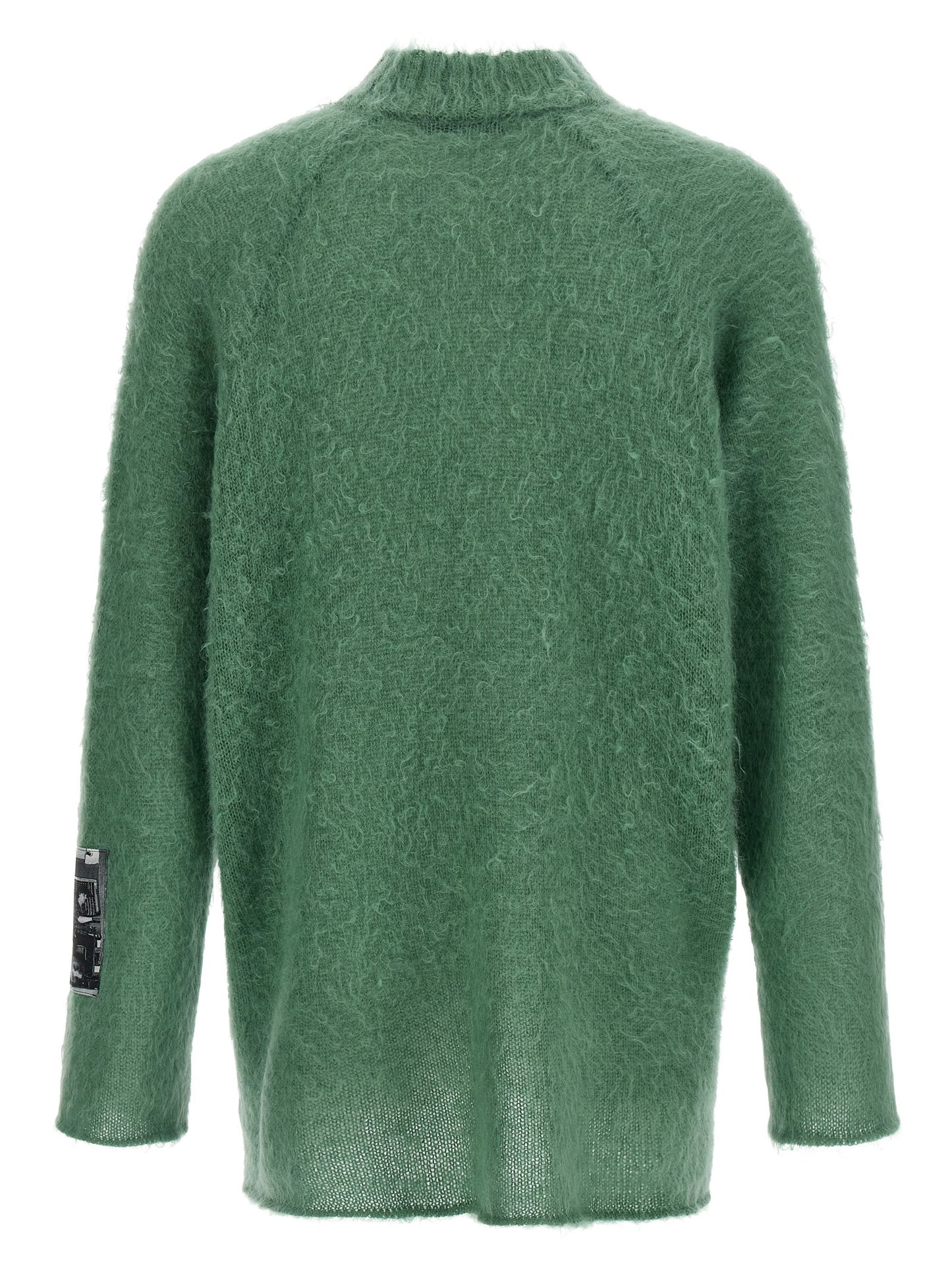 Cardigan by Undercover for men in mohair wool & nylon bicolour, green & jacquard showcases a captivating silhouette, artfully detailed with a captivating and crew neckline for a truly sophisticated captivating look.