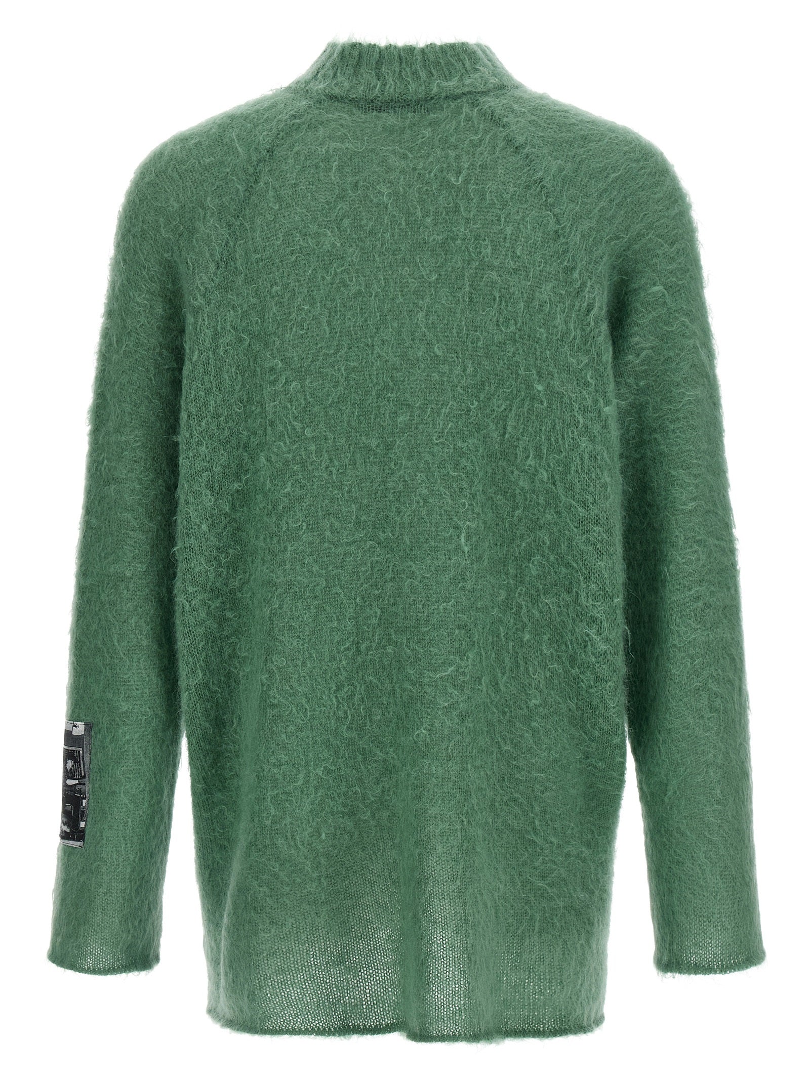Cardigan by Undercover for men in mohair wool & nylon bicolour, green & jacquard showcases a captivating silhouette, artfully detailed with a captivating and crew neckline for a truly sophisticated captivating look.