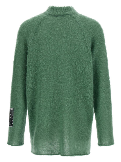 Cardigan by Undercover for men in mohair wool & nylon bicolour, green & jacquard showcases a captivating silhouette, artfully detailed with a captivating and crew neckline for a truly sophisticated captivating look.