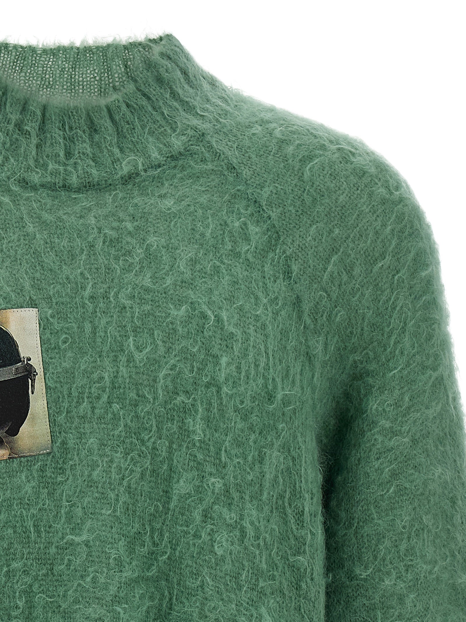 Cardigan by Undercover for men in mohair wool & nylon bicolour, green & jacquard features an impeccable silhouette, showcasing a sophisticated crew neckline and detail for a truly impeccable finish.