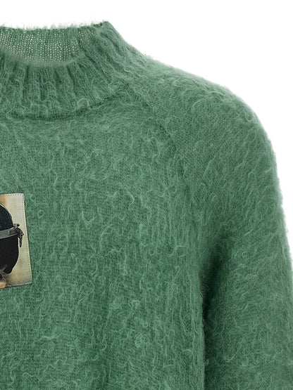 Cardigan by Undercover for men in mohair wool & nylon bicolour, green & jacquard features an impeccable silhouette, showcasing a sophisticated crew neckline and detail for a truly impeccable finish.