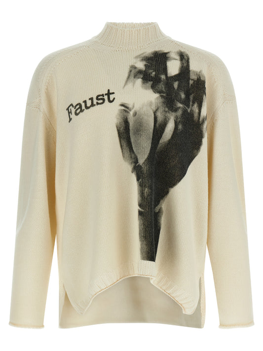 Cardigan by Undercover for men in wool acrylic white & print showcases a captivating silhouette, artfully detailed with a captivating long-sleeve and crew neckline for a truly sophisticated captivating look.